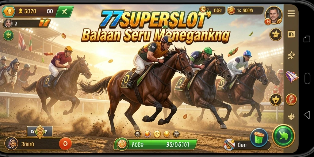 Screenshot gameplay 77SUPERSLOT menunjukkan balapan yang mendebarkan dan penuh aksi.