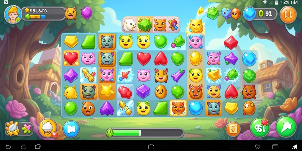 Screenshot gameplay <strong>9SL</strong> menampilkan momen mencocokkan item dengan karakter yang ceria.