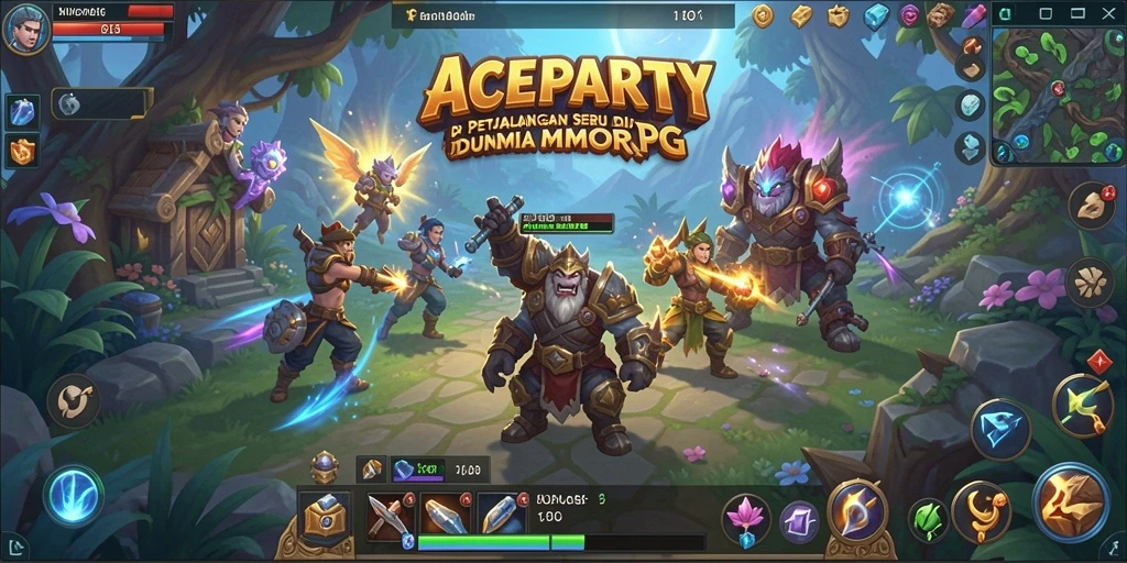 Screenshot gameplay ACEPARTY menampilkan pertarungan epik antara karakter di dunia fantasi.
