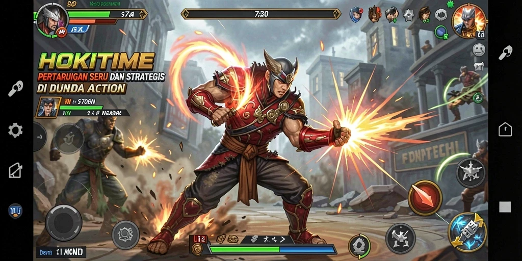 Screenshot gameplay HOKITIME menampilkan pertempuran mendebarkan di arena.