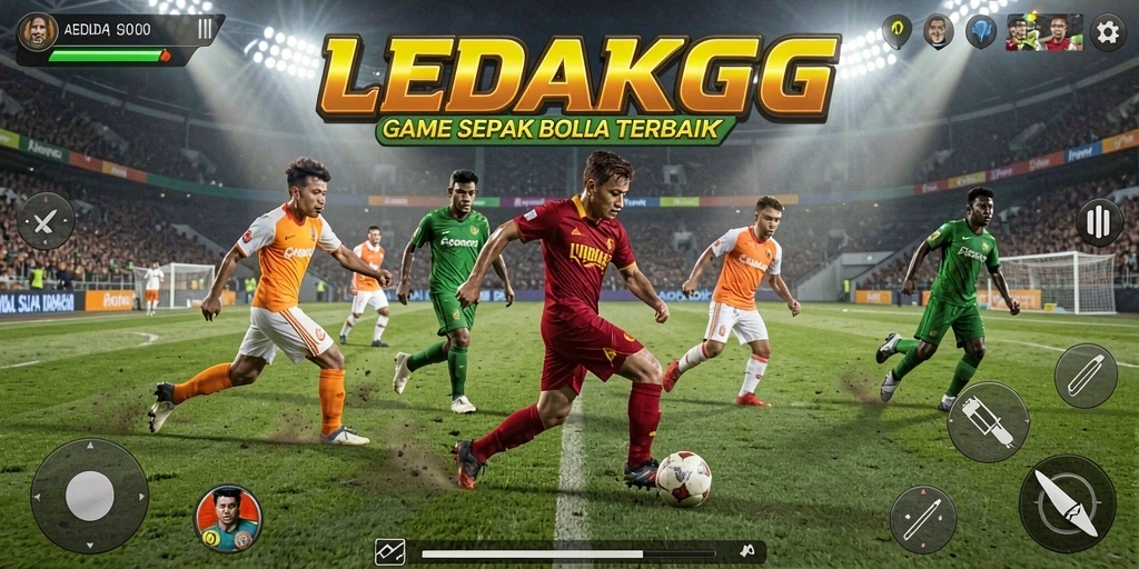 Tampilan gameplay LEDAKGG dengan arena sepak bola yang menarik.