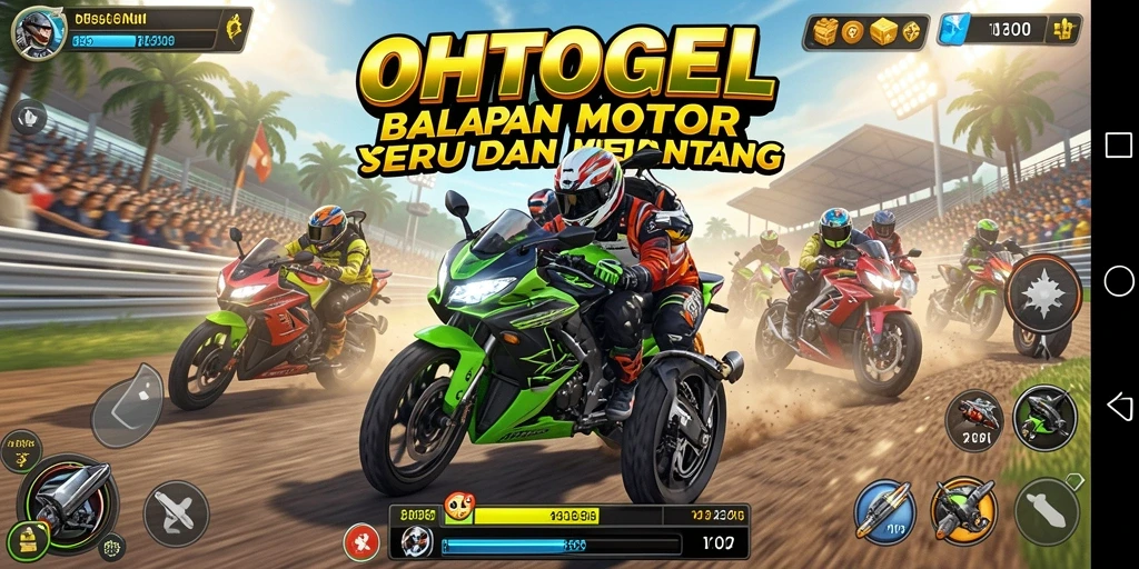 Tampilan gameplay OHTOGEL yang seru dengan balapan motor yang cepat.