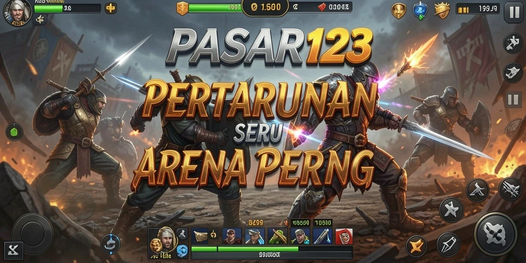 Screenshot utama PASAR123 menampilkan aksi pertarungan seru.
