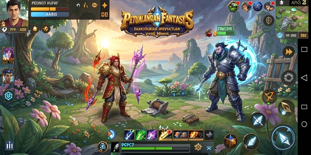 Screenshot dari gameplay <strong>PCPC7</strong> yang menampilkan pertarungan epik dan lingkungan fantastis.