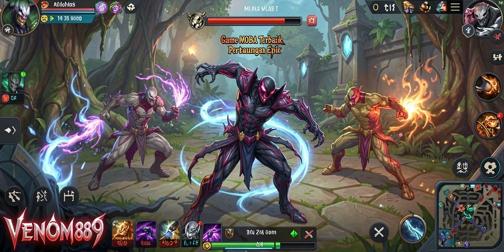 Tampilan gameplay epik dalam pertempuran MOBA yang intens.
