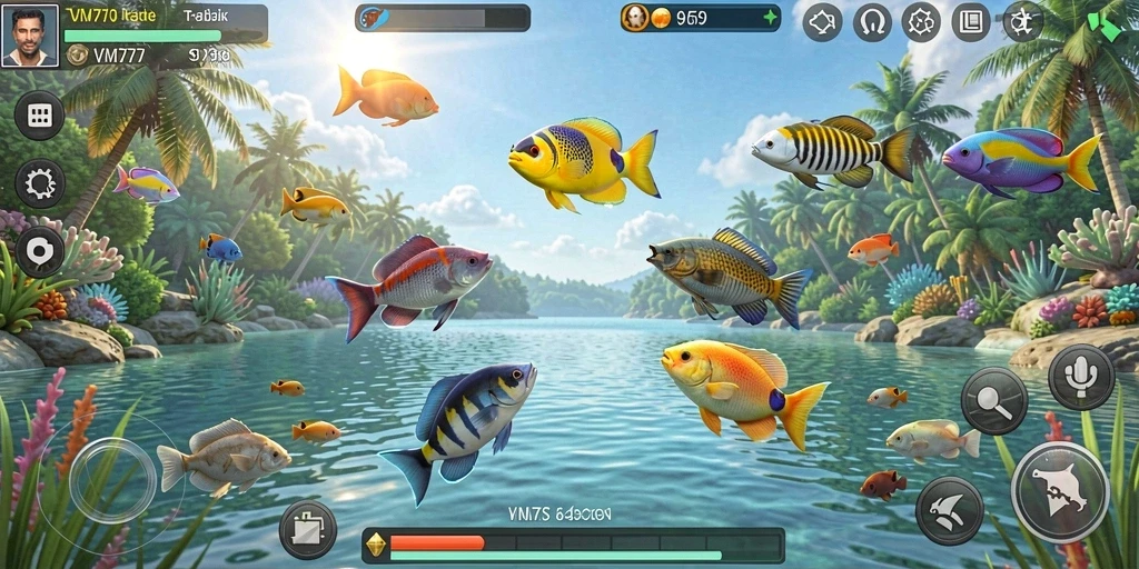 Tampilan gameplay VM777 dengan aksi menembak ikan yang seru.