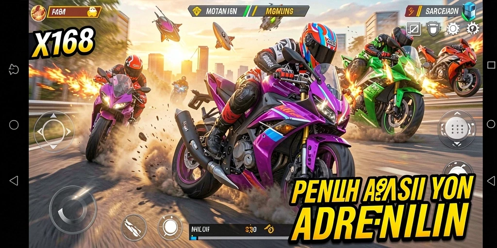 Tampilan gameplay X168 yang penuh aksi dalam balapan motor.